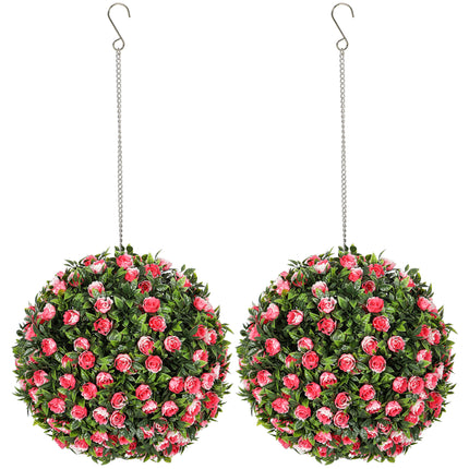 Set of 2 UV-Protected Artificial Topiary Rose Balls 28cm for Indoor Outdoor Decor - Pink