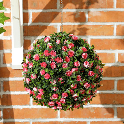 Set of 2 UV-Protected Artificial Topiary Rose Balls 28cm for Indoor Outdoor Decor - Pink