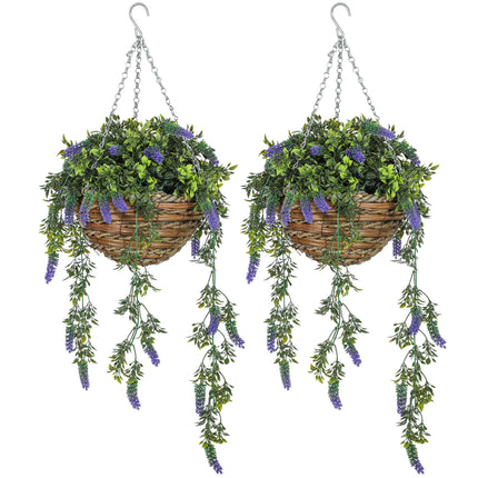 Set of 2 Hanging Artificial Lavender Plants in Baskets - Purple