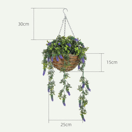Set of 2 Hanging Artificial Lavender Plants in Baskets - Purple