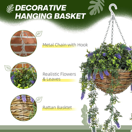 Set of 2 Hanging Artificial Lavender Plants in Baskets - Purple