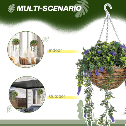 Set of 2 Hanging Artificial Lavender Plants in Baskets - Purple