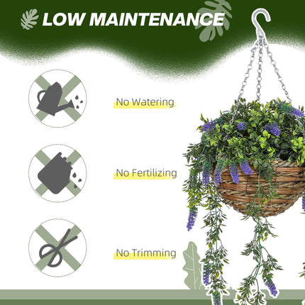 Set of 2 Hanging Artificial Lavender Plants in Baskets - Purple