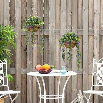 Set of 2 Hanging Artificial Lavender Plants in Baskets - Purple