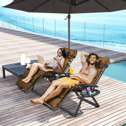 Set of 2 Reclining Sun Loungers with Cushions and Side Trays - Brown Steel Frame