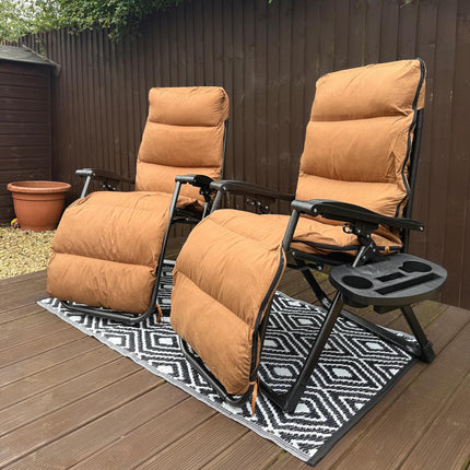 Set of 2 Reclining Sun Loungers with Cushions and Side Trays - Brown Steel Frame