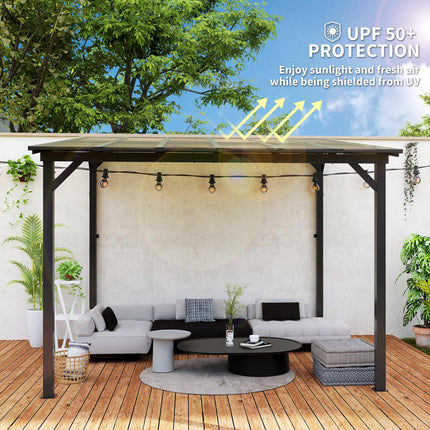 3 x 3m Metal Pergola with UPF 50+ Waterproof Polycarbonate Roof, Wall-Mounted or Free Standing Garden Gazebo - Dark Grey