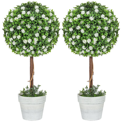 Set of 2 Decorative Artificial Ball Topiary Rose Plants with Pots 60cm - White