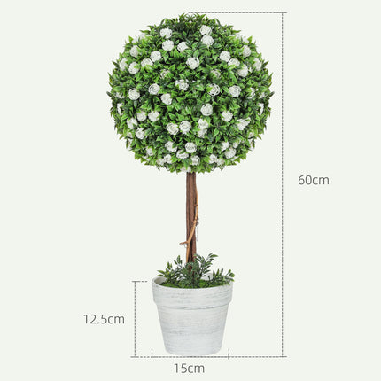 Set of 2 Decorative Artificial Ball Topiary Rose Plants with Pots 60cm - White
