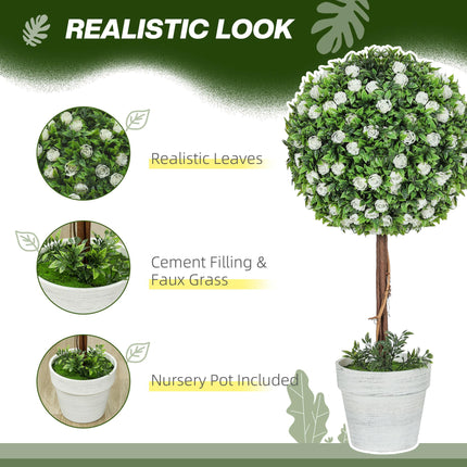 Set of 2 Decorative Artificial Ball Topiary Rose Plants with Pots 60cm - White
