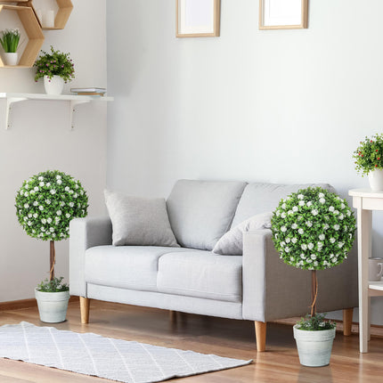 Set of 2 Decorative Artificial Ball Topiary Rose Plants with Pots 60cm - White