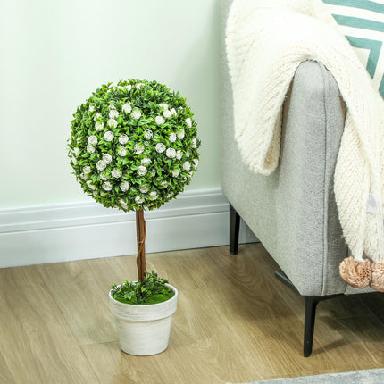 Set of 2 Decorative Artificial Ball Topiary Rose Plants with Pots 60cm - White