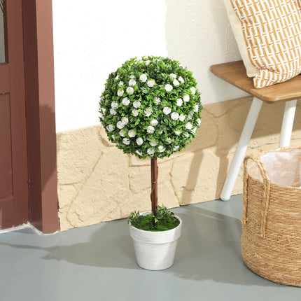 Set of 2 Decorative Artificial Ball Topiary Rose Plants with Pots 60cm - White