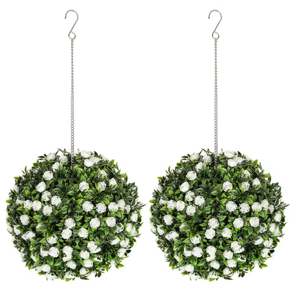 Set of 2 UV-Protected Artificial Topiary Rose Balls 28cm for Indoor Outdoor Decor - White