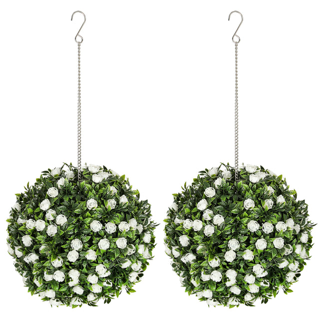 Set of 2 UV-Protected Artificial Topiary Rose Balls 28cm for Indoor Outdoor Decor - White