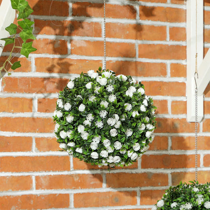 Set of 2 UV-Protected Artificial Topiary Rose Balls 28cm for Indoor Outdoor Decor - White