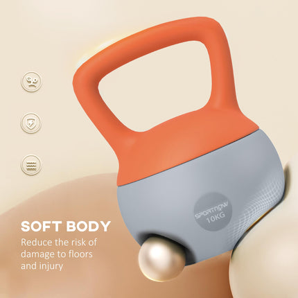 Soft 10kg Kettlebell with Non-Slip Handle for Home Gym Strength Training - Orange and Grey