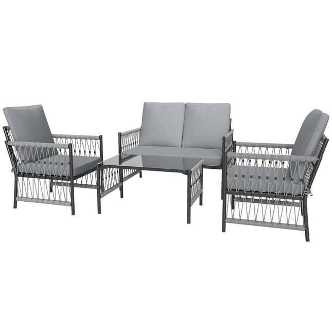 4 Piece Rattan Garden Furniture Set, 4 Seater Wicker Patio Conversation Set with