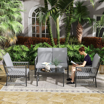 4 Piece Rattan Garden Furniture Set, 4 Seater Wicker Patio Conversation Set with