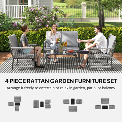 4 Piece Rattan Garden Furniture Set, 4 Seater Wicker Patio Conversation Set with