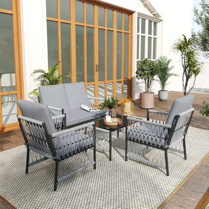 4 Piece Rattan Garden Furniture Set, 4 Seater Wicker Patio Conversation Set with