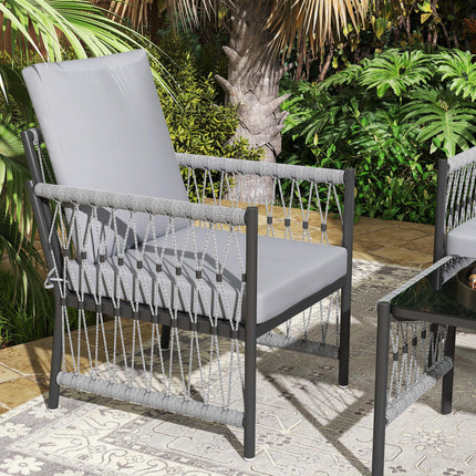 4 Piece Rattan Garden Furniture Set, 4 Seater Wicker Patio Conversation Set with
