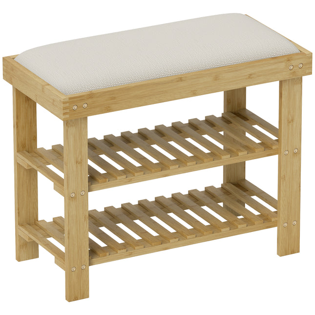 Bamboo Shoe Storage Bench, 3-Tier Shoe Bench with Seat Cushion, Shoe Rack for Entryway, Hallway, Living Room, Bedroom, Cream White