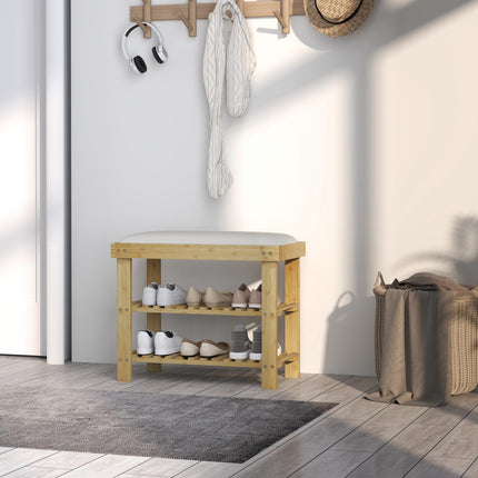 Bamboo Shoe Storage Bench, 3-Tier Shoe Bench with Seat Cushion, Shoe Rack for Entryway, Hallway, Living Room, Bedroom, Cream White