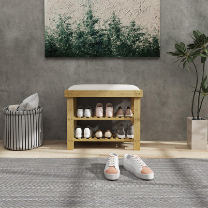 Bamboo Shoe Storage Bench, 3-Tier Shoe Bench with Seat Cushion, Shoe Rack for Entryway, Hallway, Living Room, Bedroom, Cream White