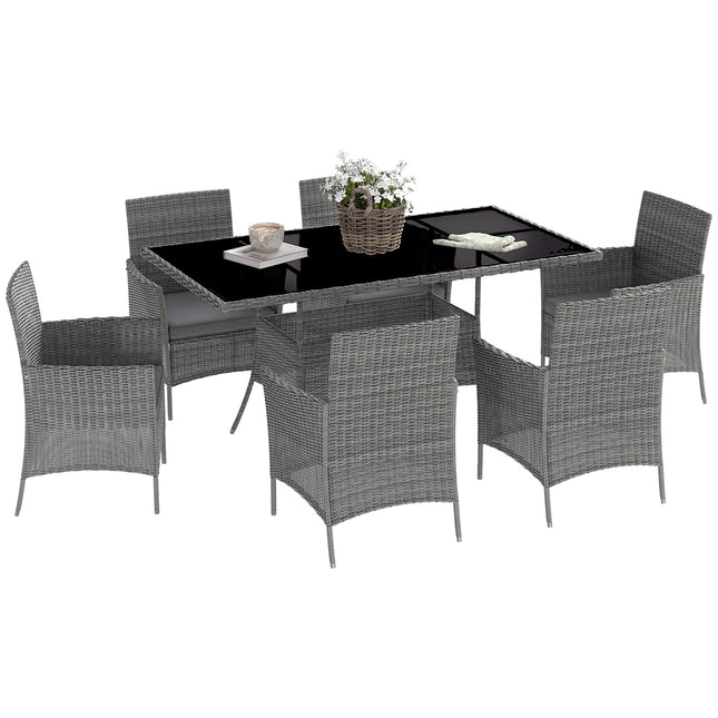 7-Piece 6-Seater Rattan Garden Dining Set with Cushions and Rectangular Glass Table - Charcoal Grey