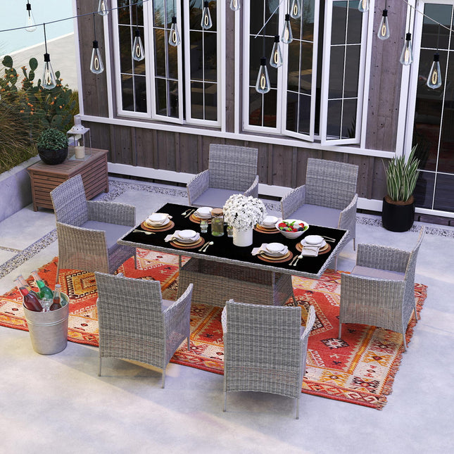 7-Piece 6-Seater Rattan Garden Dining Set with Cushions and Rectangular Glass Table - Charcoal Grey