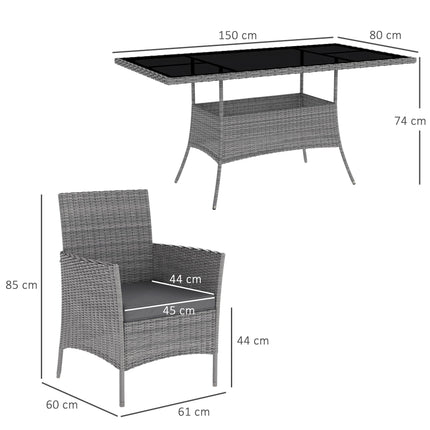 7-Piece 6-Seater Rattan Garden Dining Set with Cushions and Rectangular Glass Table - Charcoal Grey