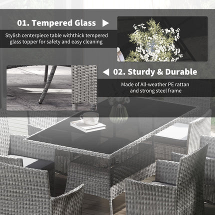 7-Piece 6-Seater Rattan Garden Dining Set with Cushions and Rectangular Glass Table - Charcoal Grey