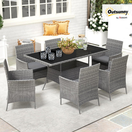 7-Piece 6-Seater Rattan Garden Dining Set with Cushions and Rectangular Glass Table - Charcoal Grey