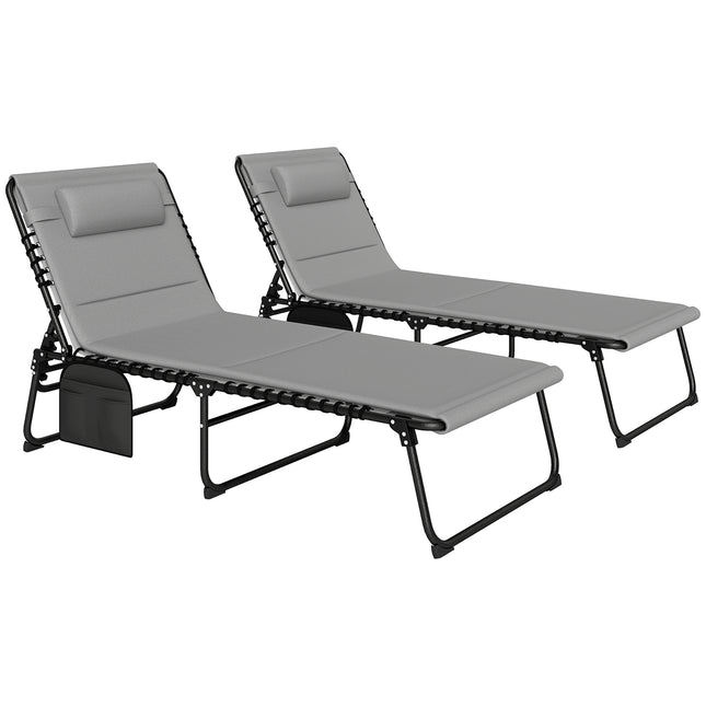 Set of 2 Folding Recliner Sun Loungers with Quick-Dry Pad & Side Pocket - Light Grey
