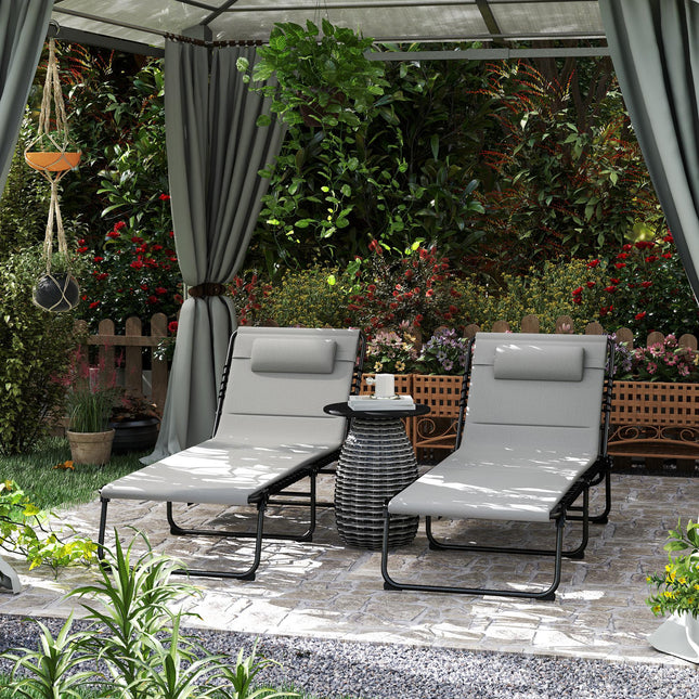 Set of 2 Folding Recliner Sun Loungers with Quick-Dry Pad & Side Pocket - Light Grey