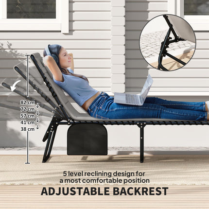 Set of 2 Folding Recliner Sun Loungers with Quick-Dry Pad & Side Pocket - Light Grey