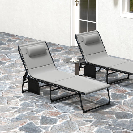 Set of 2 Folding Recliner Sun Loungers with Quick-Dry Pad & Side Pocket - Light Grey