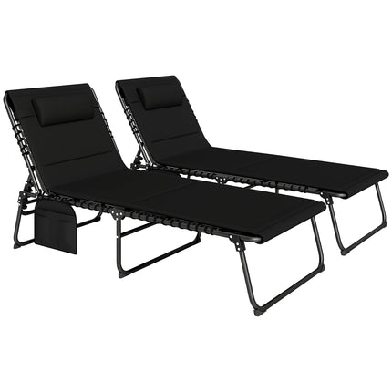 Set of 2 Folding Recliner Sun Loungers with Quick Drying Pad & Side Pocket - Black