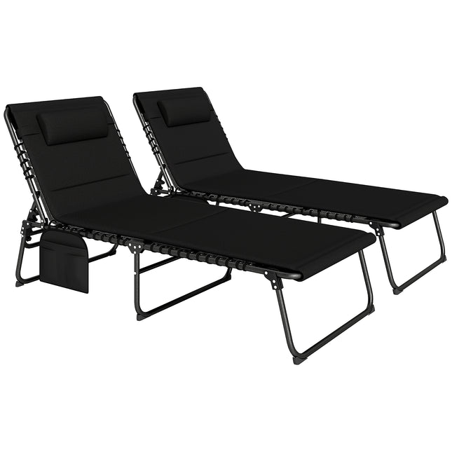 Set of 2 Folding Recliner Sun Loungers with Quick Drying Pad & Side Pocket - Black