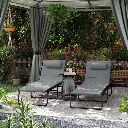 Set of 2 Folding Recliner Sun Loungers with Quick-Dry Pad & Side Pocket - Charcoal Grey
