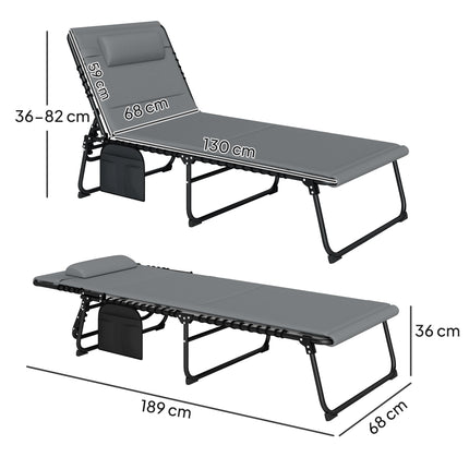 Set of 2 Folding Recliner Sun Loungers with Quick-Dry Pad & Side Pocket - Charcoal Grey