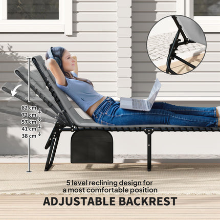Set of 2 Folding Recliner Sun Loungers with Quick-Dry Pad & Side Pocket - Charcoal Grey