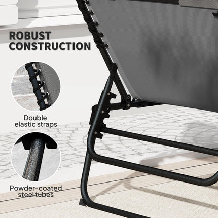 Set of 2 Folding Recliner Sun Loungers with Quick-Dry Pad & Side Pocket - Charcoal Grey