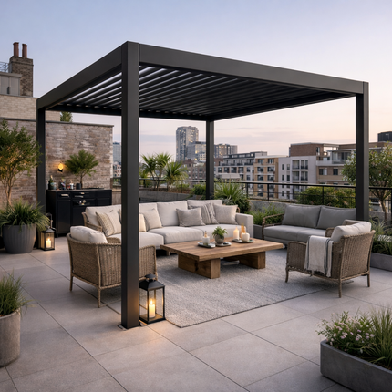 3 x 3(m) Electric Louvered Pergola with LED Lights, Aluminium Pergola Hardtop Gazebo with Remote, Adjustable Roof and Drainage System, Water and UV Proof