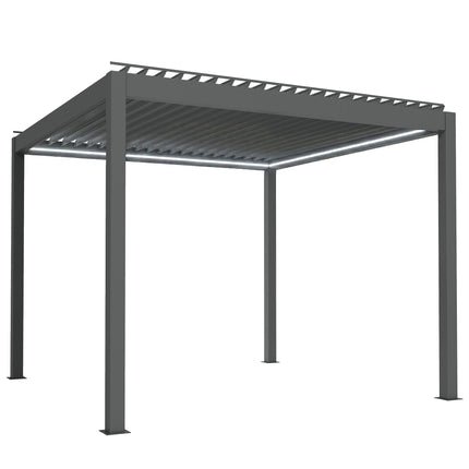 3 x 3(m) Electric Louvered Pergola with LED Lights, Aluminium Pergola Hardtop Gazebo with Remote, Adjustable Roof and Drainage System, Water and UV Proof