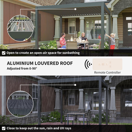 3 x 3(m) Electric Louvered Pergola with LED Lights, Aluminium Pergola Hardtop Gazebo with Remote, Adjustable Roof and Drainage System, Water and UV Proof