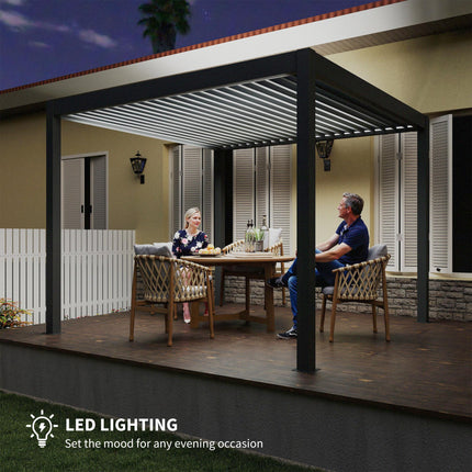 3 x 3(m) Electric Louvered Pergola with LED Lights, Aluminium Pergola Hardtop Gazebo with Remote, Adjustable Roof and Drainage System, Water and UV Proof