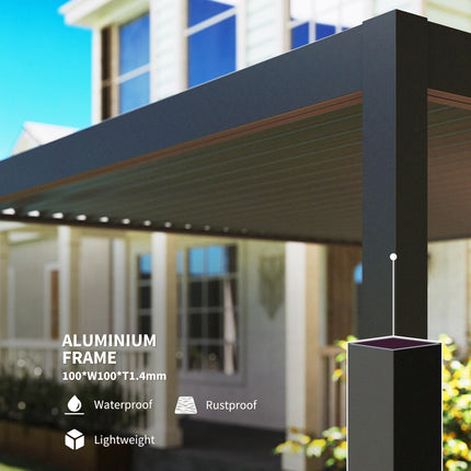 3 x 3(m) Electric Louvered Pergola with LED Lights, Aluminium Pergola Hardtop Gazebo with Remote, Adjustable Roof and Drainage System, Water and UV Proof