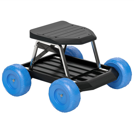 Garden Cart with Tool Tray and Rolling Stool for Weeding and Planting - Blue